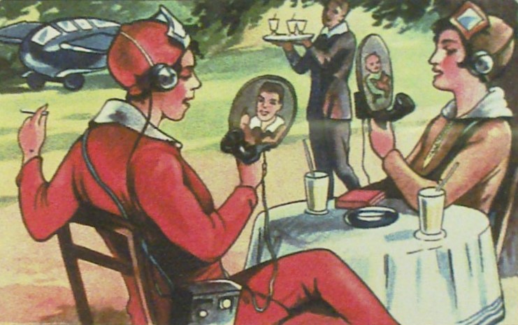 1930s vintage illustration of two female pilots speaking on retro-futuristic video phones